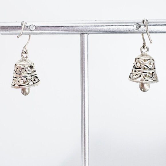VTG Sterling Silver 925 Scroll Design Bell Dangle Earrings Size 0.75" Length - Picture 3 of 9